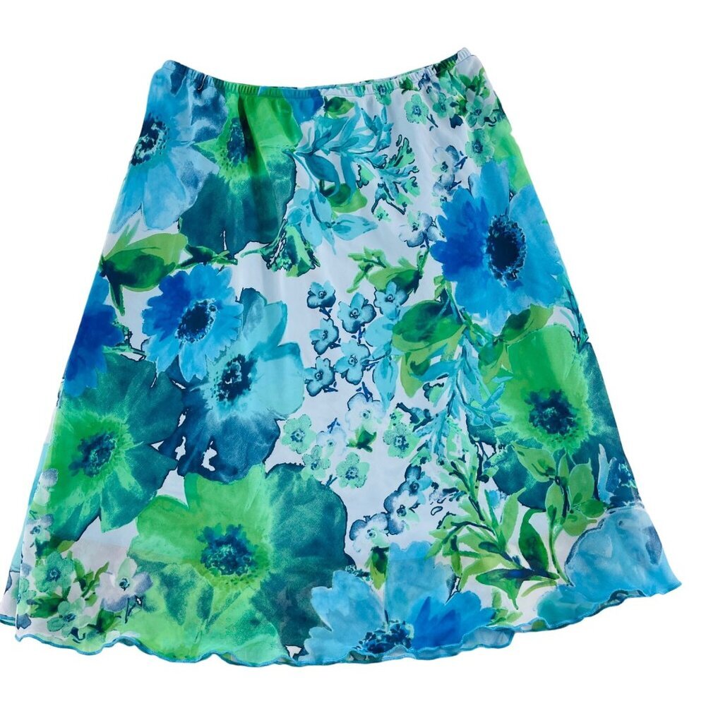 REA Classics Floral A-Line Skirt size PL Blue Green Elastic Waist Y2K